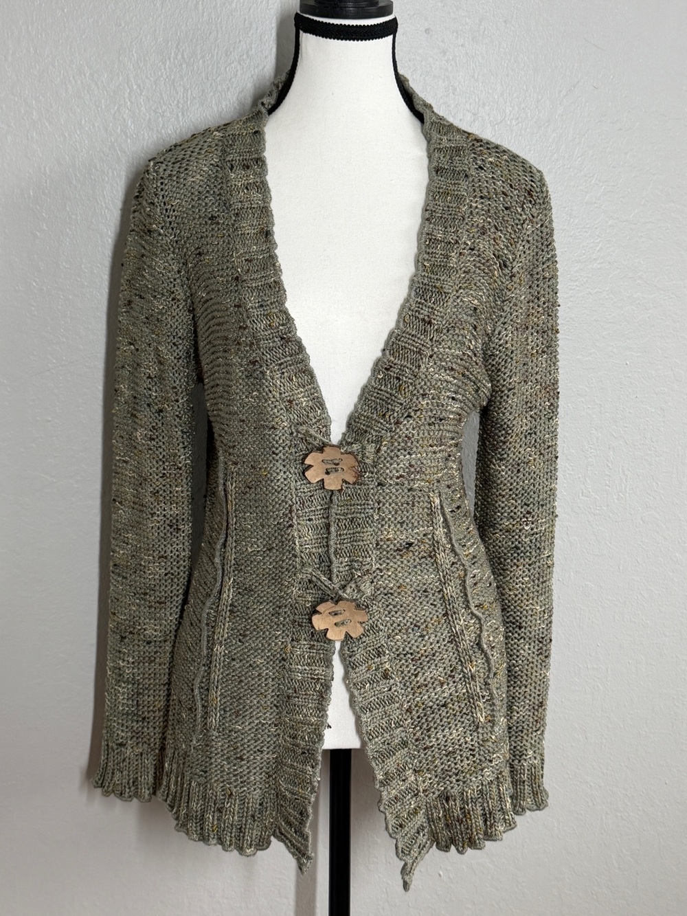 BCBGMaxAzria Fairycore Whimsygoth Knit Cardigan Sweater XL Green Wood Floral But